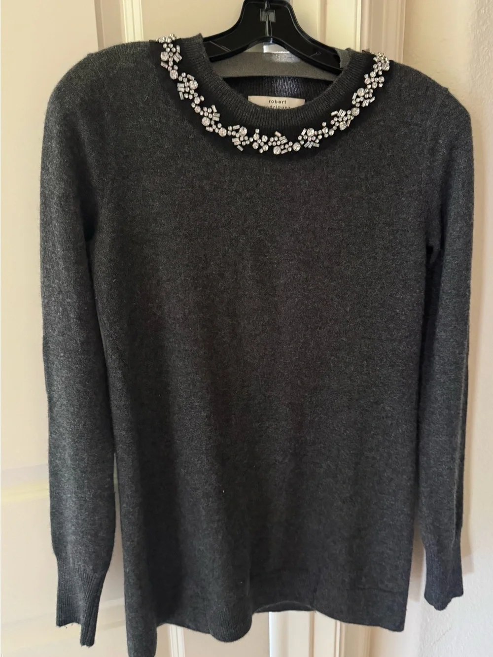 Robert Rodriguez Charcoal Crewneck Sweater with Crystal Embellished Neckline